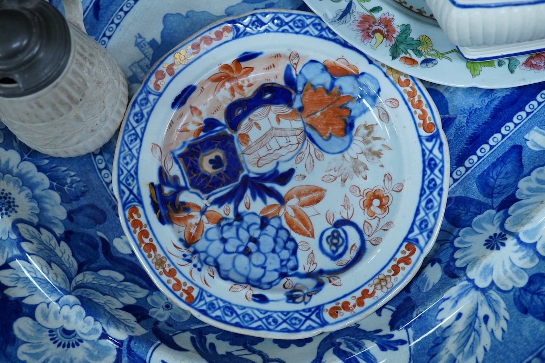 A group of 19th century British pottery to include ironstone and Spode, largest 47cm wide